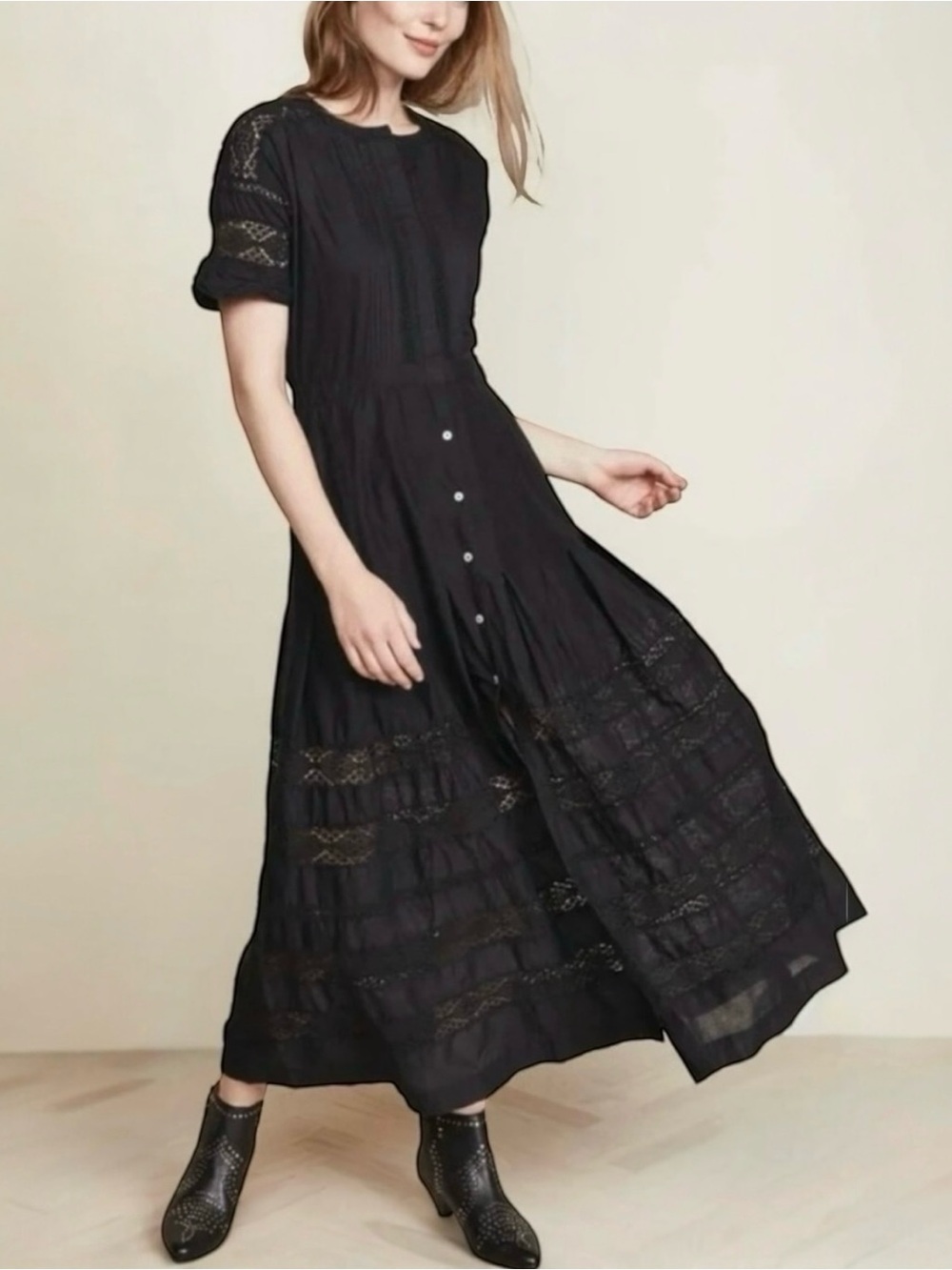 LOVESHACKFANCY Edie Dark Cottagecore Short Sleeve Maxi Dress